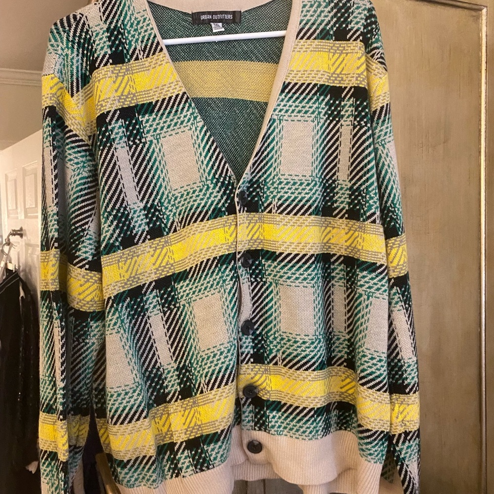 Urban Outfitters cardigan, size XXL. Green with black, white and yellow stripes.